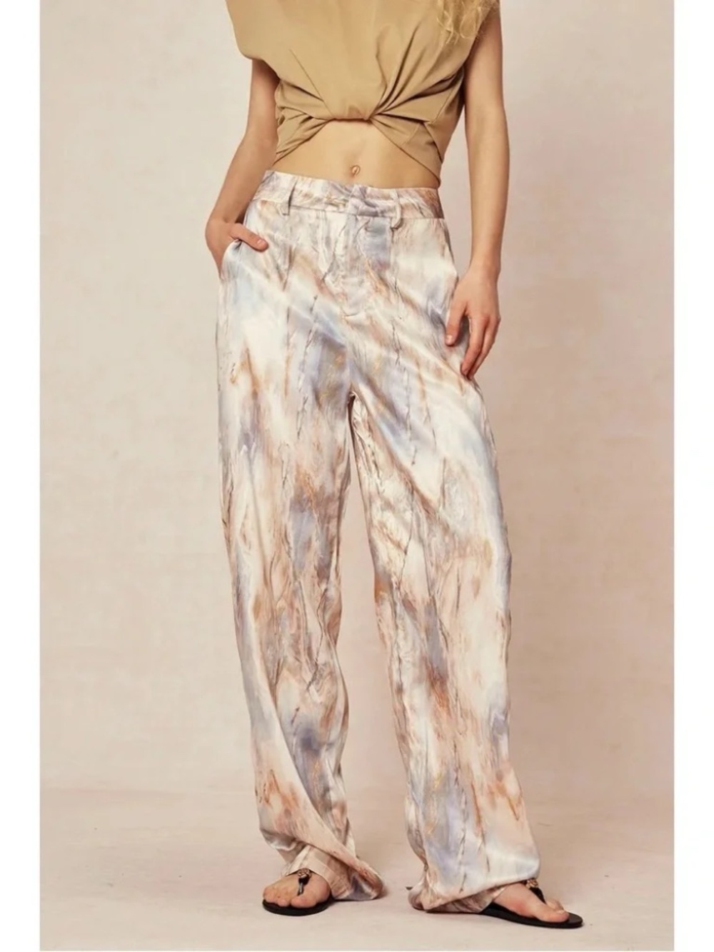 Wide Leg Marble-Print Satin Pants - Neutral Multi
